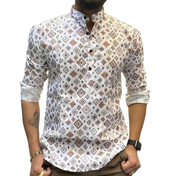 Cotton Men's Printed Kurta | Shirt Type Kurta | Full Sleeve | Casual Wear | Mandarin Neck | Men's Kurta